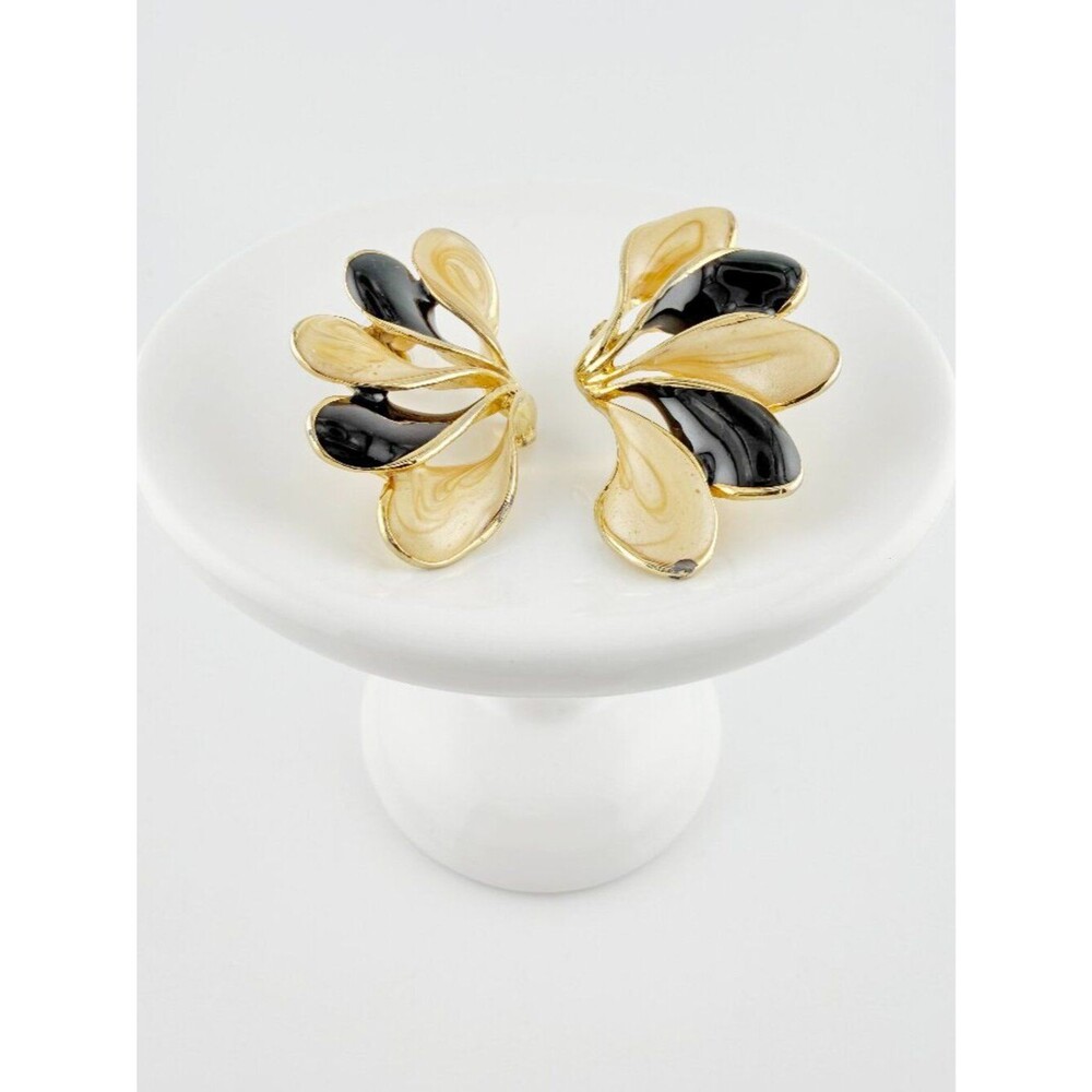 Vintage 80s Gold Tone Black & Cream Enamel Fan Wing Statement Earrings